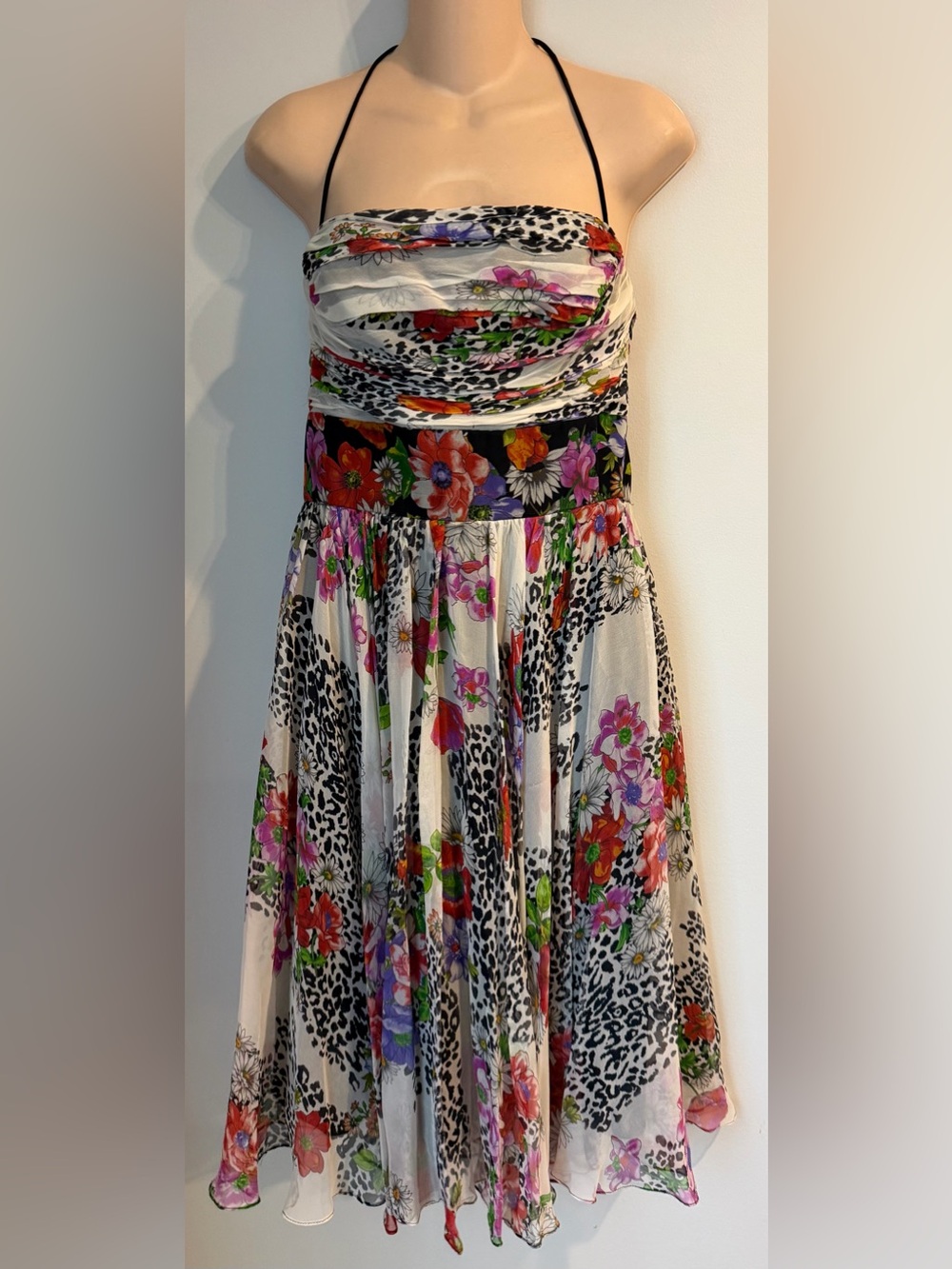 ICE Vintage Y2K Halter Animal Floral Silk Flowy Below Knee Dress size 8
